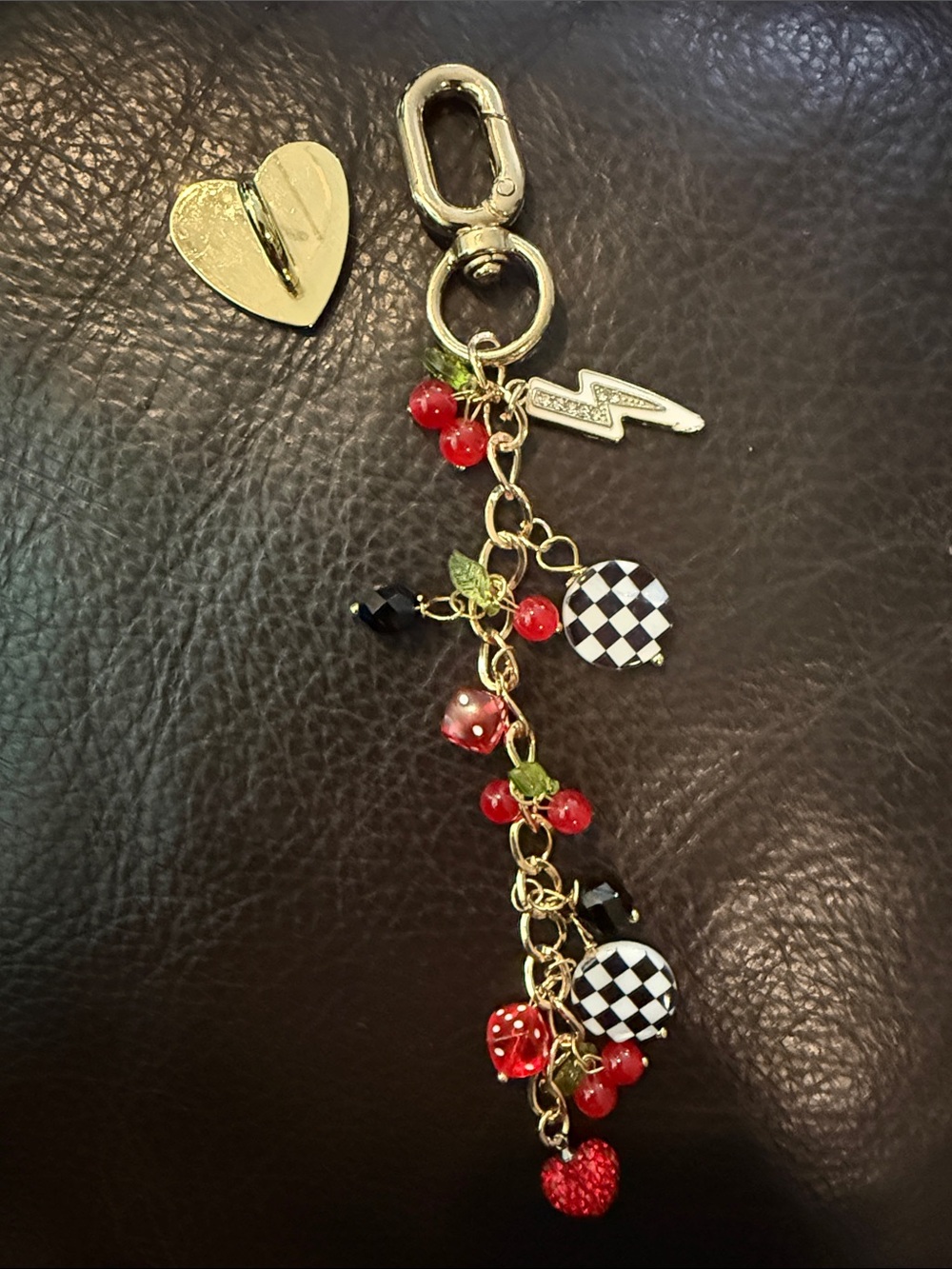 Handmade Viral Kindle/Purse Charm Gold-Tone Cherry & Checkerboard